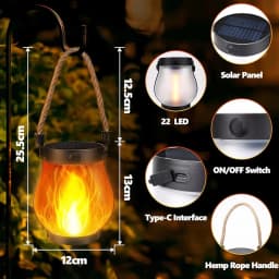 Outdoor Waterproof Solar Flame Lamp with Type-C Charging Simulation Flickering 3D Flame Solar Rope Hanging Light for Patio Decor