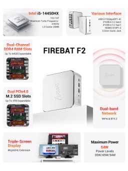 Firebat F2 Mini PC Intel Core I5-14450HX 10-Core 16-Thread Windows 11 16GB DDR4 RAM 512GB PCIe SSD WiFi 6 BT5.2 Triple Display