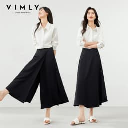 VIMLY Black Wide-Leg Pants 2026 Autumn Flowy Ankle-Length Side Zipper Detail Trousers Office Lady Commuter Fashion Bottoms A1738