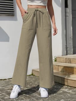 Women's Solid Color Loose Wide Leg Pants Casual Drawstring Straight Pants Pocket Casual Pants Trousers Loose High Waisted Pants