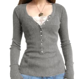 Women Button Front Knit Tops Long Sleeve Lace Patchwork Slim Fit Sweater Fall Fairy Grunge Gothic Y2K Clothes