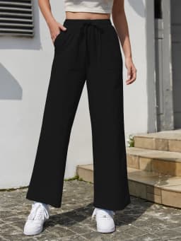 Women's Solid Color Loose Wide Leg Pants Casual Drawstring Straight Pants Pocket Casual Pants Trousers Loose High Waisted Pants
