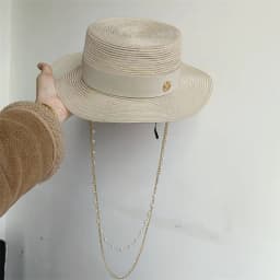 Cherry powder 2026 straw hat pearl chain DIY flat top sun hat new Korean elastic ribbon hat beach hat candy color sun hat