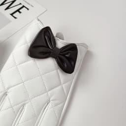 Women Black Bow Thickened Plush Inside Grid PU Artificial Leather Glove Sexy Female Nightclub Dance Punk Performance Mitten