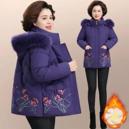 Warm Fleece Lined Cotton Jacket for Middle-Aged And Elderly Women Casual Style Winter Coat with Hood Zipper Closure And Pockets