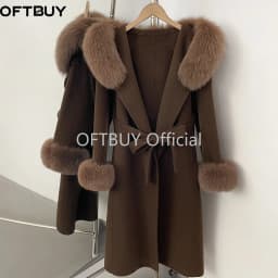 OFTBUY New Winter Warm Hood Solid Woolen Overcoat for Women Long Wool Blend Coat Women Real Fox Fur Belted Waist Jacket Female