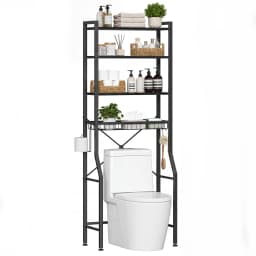 JHK 4-Tier Freestanding Bathroom Organizer Shelf Over Toilets with Adjustable Storage Rack Shelf and Basket Space Saver Above Toilet Storage Cabinet with 3 Hooks for Rooms