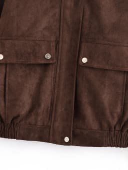Retro American Suede Short Jacket Women's Versatile Pocket Baseball Style Slimming Stand Collar Jacket Warm Polyester Fiber