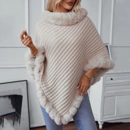 New In Winter Solid Color Fur Collar Pullover Shawl Women Fashion Thick Warm Knitted Poncho Casual Luxury Cape Outerwears