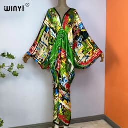 2023 WINYI Sexy Beach High-Quality Silk Feel Fashion Print Maxi Women's Robes Long V-Neck Bohemian Dress Party Evening Dress