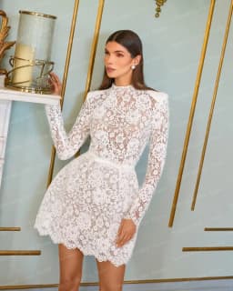 Pink Lace Short Sleeve High Neck A-Line Dress with Belt – Party Wedding Cocktail Dress Long Sleeve High Neck Ever Pretty