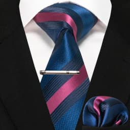 JEMYGINS Business Tie for Men Silk Navy Blue Tie Striped Paisley Necktie Handkerchief Tie Clips Set for Wedding Party Gift
