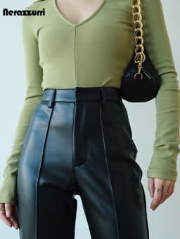 Nerazzurri Stylish Chic Black Soft PU Leather Straight Pants Women High Waist Autumn Winter Ladies Faux Leather Trousers 2023