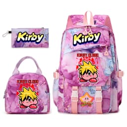Kirby Cartoon Print Student Backpack Set for Girls with Lunch Bag and Pencil Case School Bookbag Lightweight Daypack