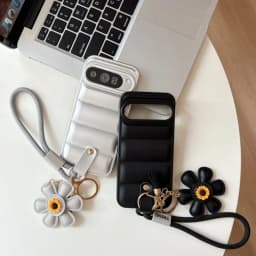 Cartoon Sunflower Down Jacket Lanyard Phone Case for Google Pixel 5 6 7 8 9 10 Pro 9A 7A 6A 5A Hand Wrist Strap Soft TPU Cover