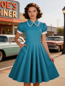 Tonval Peter Pan Collar Puff Sleeve Turquoise Cotton Dresses Women 2026 Elegant Plain Vintage Style Pockets Side Midi Dress