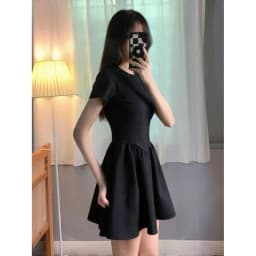 Petite Black Dress High-End Knit Spring Summer Cinched Waist A-Line Slimming O-Neck Short Sleeve Mini Stylish for Junior Ladies