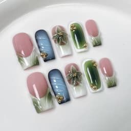 10Pcs 3D Green Flower Handmade Press on Nails French Fake Nails Wearable Stick-on Nails False Nail Uñas Накладные Ногти 네일팁