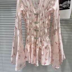 DEAT Fashion Women's Rhinestone Button Floral Pattern Flared Sleeve Chiffon Dress Elegant Holiday Dresses Female 11A04065