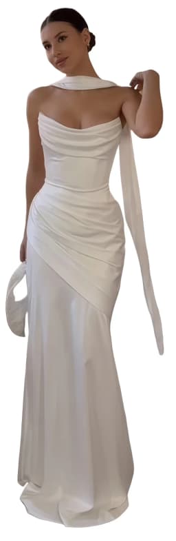 Customized Simple Pleat Strapless Mermaid Wedding Dresses With Long Scarf Elegant Long Wihte Satin Bridal Gowns