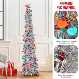 5Ft Foldable Pencil Christmas Tree, Easy To Assemble and Store, Pop-Up Christmas Tree Artificial Ultra-Thin Sequin Christmas and Halloween Decoration for Autumn Home Decoration Fireplace Home Porch Holiday Christmas, Winter Party Decoration