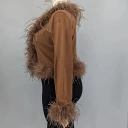 Women See-Through Top with Real Ostrich Feather Brown Black Cropped Jacket Top Bolero 240711