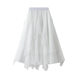 Women's Lotus Leaf Edge A Line Fairy Elastic Waist Tulle Skirt Midi High Waist Mesh Dress Solid Color Irregular Yarn Skirt D8808