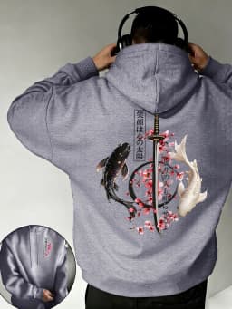 Black & White Koi Cherry Blossom Sabre Print Men Basics Hoodie Fleece Soft All-Match Tops Casual Colour Pullover Comfy Clothes
