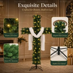 Cross Shaped Christmas Tree 150/180cm Pre Lit Warm LED Lights Artificial PVC Xmas Tree Religious Holiday Home Outdoor Decoration