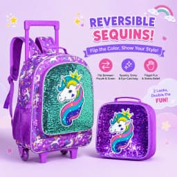 3-Piece Rolling Backpack for Girls and Children Roller Bag with Lunch Bag and Pen Bag Design of Unicorn Pattern Luminous Functio