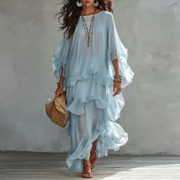 Vintage Solid Tiered Ruffle Mesh Dress Women Crew Neck Loose Batwing Sleeve Sheer Maxi Dress Elegant Holiday Travel Casual Dress