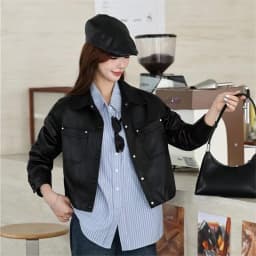 Black Short Faux PU Leather Jacket Big Pocket Lapel Single-Breasted Long Sleeve Autumn New Women Imitation Leather Biker Jacket