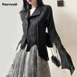 Karrcat Gothic Black Shirts Irregular Yamamoto Style Flare Sleeve Blouse Dark Aesthetic Grunge Clothes Harajuku Mall Goth Tops
