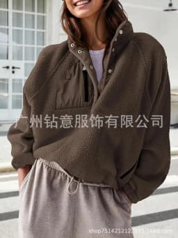 Fall Winter Loose Fashion Versatile Warm Top Women's Multi Pocket Fuzzy Pullover Color Block Half Open Collar Zipper Sweatshirt