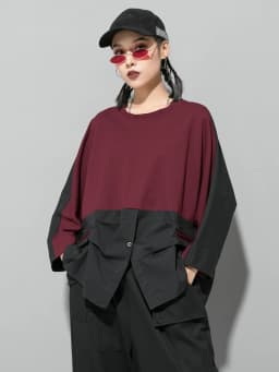 [EAM] Loose Fit Contrast Color Big Size Sweatshirt New Round Neck Long Sleeve Women Big Size Fashion Spring Autumn 2026 1D716