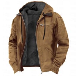 Men's Solid-Color Hooded Cotton Jacket Casual Trendy Fleece Zipper Pocket Winter Coat for Outdoor Wear