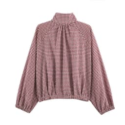 Women's Plaid Jacket, Vintage Gingham Check Coat, Stand Collar Long Sleeve Button Up Outerwear, Loose Casual Autumn Windbreaker