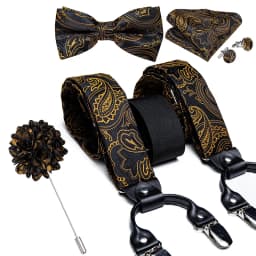 Luxury White Men's Suspenders Adjustable 6 Clips Braces DiBanGu Leather Metal Pre-Tied Bow Tie Brooch Pocket Square Set