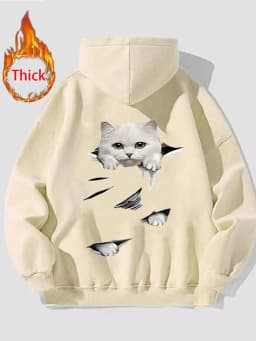 Cute Cat Thick Hoodies Women Fall Winter Warm Loose Long Sleeve Soft Tops Coats Vintage Lady Casual Preppy Style Kawaii Pullover