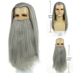 REEWES Wig Beard Set Grey Long Curl Yaki Synthetic Hair Old Man Costume Wig Anime Cosplay Halloween Party Proofs