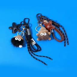 Cute Leather Keychain Cartoon Small Coal Ball Key Chain Creative Plush Bag Pendant Car Metal Keyring Gift