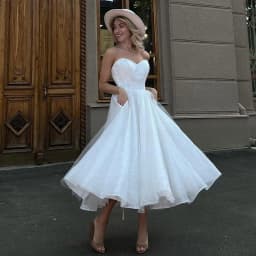 Glitter Ivory Wedding Dresses With Pockets Tea-Length Tulle Bride Dress Strapless Slit Sexy Dress For Women 2025 Robe De Mariee