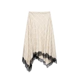Spring New Check Lace Hem Asymmetric Skirt Women Eelgant A-line Zip-up Midi Skirts Female Vintage Party Skirts 2026 New
