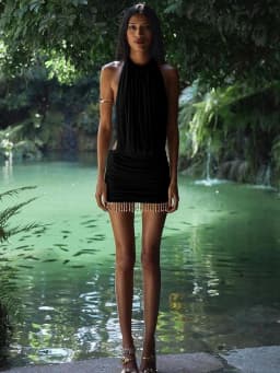 Weird Puss Mesh Patchwork Mini Dress Women Lace-Up Halter Sexy Backless Pearl Tassel Midnight Club Party Ruched Elegant Outfits