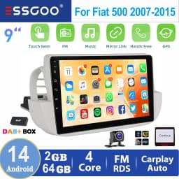 ESSGOO 2 DIN For Fiat 500 2007-2015 White 9" Apple Carplay Android auto Car Stereo Radio GPS WIFI SWC BT Mirror Link Android 14