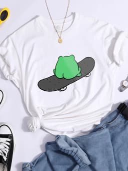 Frog On Skateboard Back View Metal T Shirt Women Summer Casual Tshirt Fashion Street Crop Top Hip Hop Personality Tshirt Womens