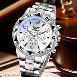 4PCS Silver Men's Fashion Casual Mixed Scale Dial Quartz Watch Bracelet Necklace Ring Set Suitable for Daily Wear Decoration