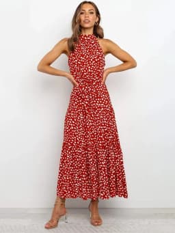 Women's Halter Neck Maxi Dress - Floral Print Boho Chic Smocked Waist Summer Beach Dress for Vacation Casual Wear