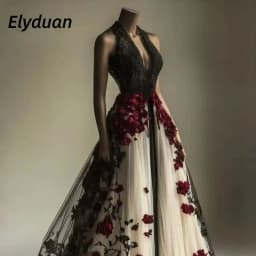 Black Ivory Gothic Wedding Dress Halter Beaded 3D Red Floral Appliques A-Line Tulle Long Vintage Bridal Gowns Customized