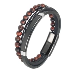 MingAo Charm Men Jewelry Natural Stone Multi-Layer Leather bracelet Black Stainless Steel Magnetic Clasp Tiger eye Bead Bracelet